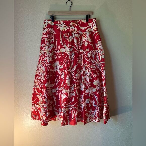 Jones New York Maxi Red Floral Boho Tropical Cotton Skirt w/ Side Zip - Size 10 - Picture 2 of 8
